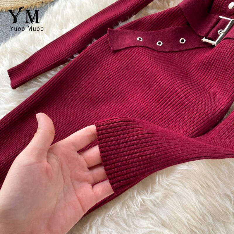 Yuoomuoo kvinder kjole o-hals knapper strikkede dame kjoler efterår vinter lange ærmer slim fit bodycon kjole kontor