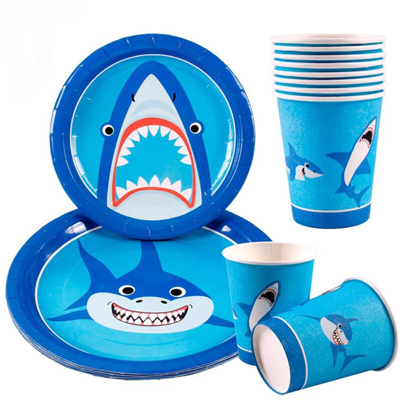 Ocean Shark Disposable Tableware Animal Pattern Paper Plates Cups Hanging Banners Ornaments Kids Birthday Party Supplies