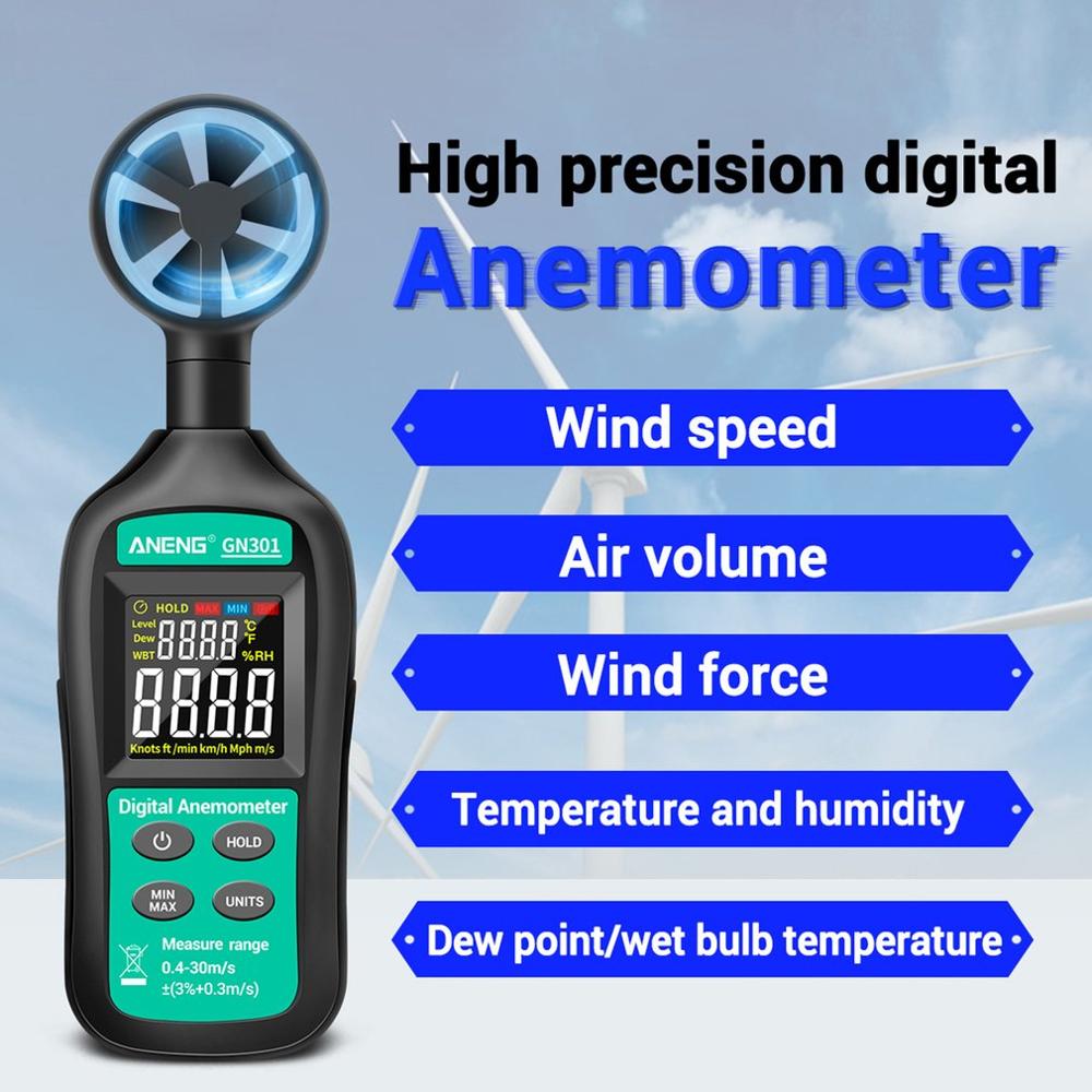 Aneng GN301 Digitale Anemometer 0-30 M/s Wind Meter -10 ~ 45C Temperatuur Tester Anemometro Met Lcd backlight Display