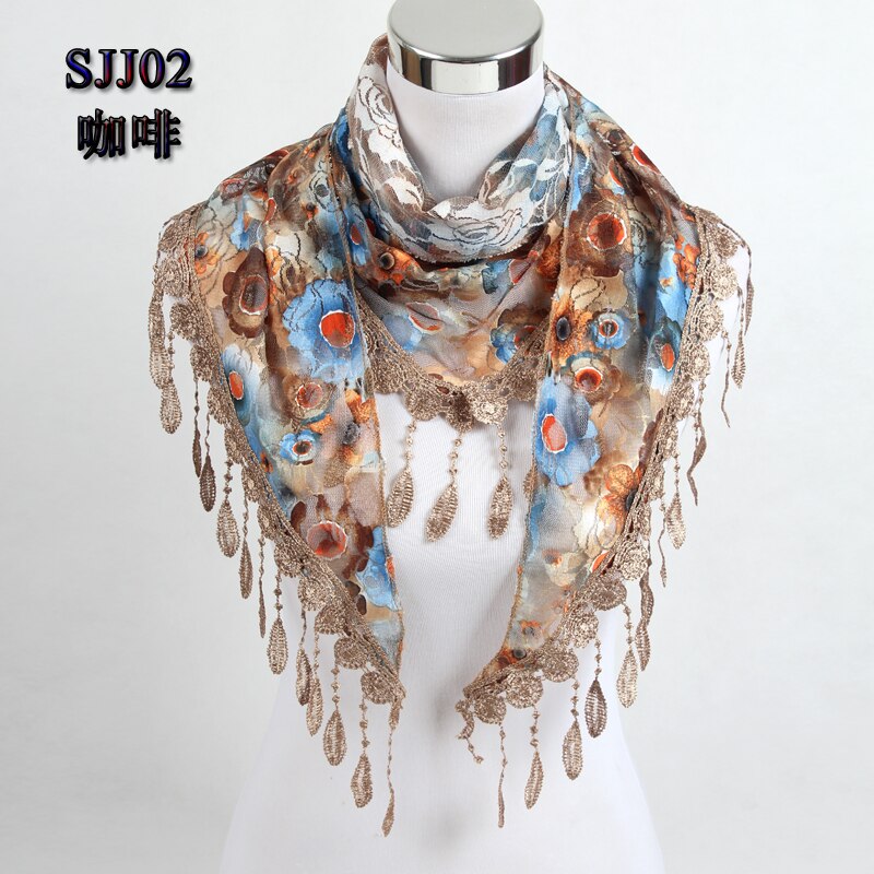 Women Triangle Scarf Lace Floral Summer Beach Tassel Scarves Chiffon Silk Wrap Pashmina Stole Foulard Hijab SJJ02: coffee