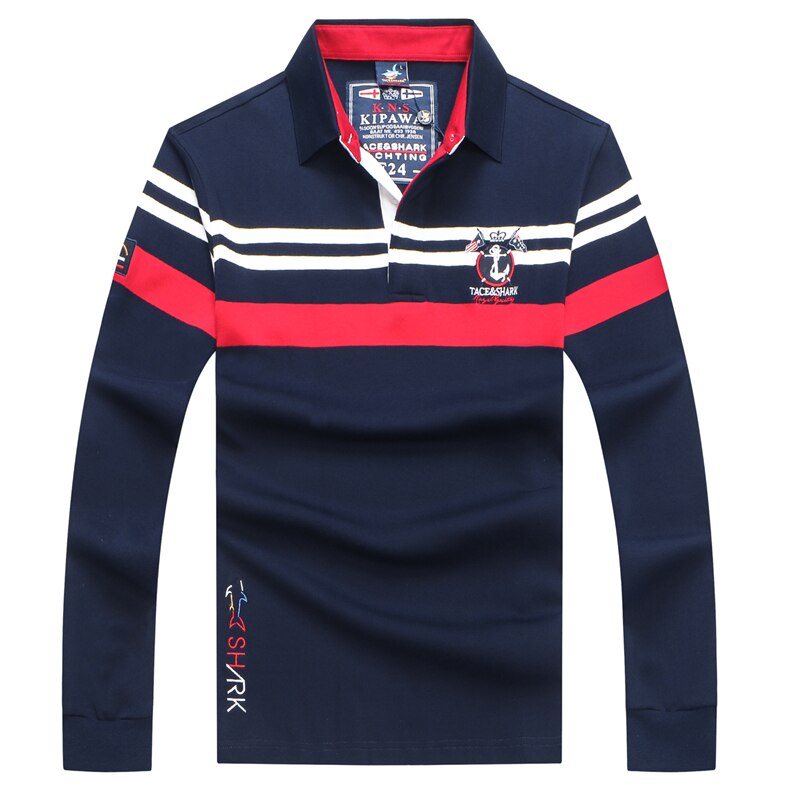 TACE&amp;SHARK Brand Shark Embroidery Long Sleeve Polo Tops Casual Fashion Stripe Men Slim Polo Casual Business Clothes: Rosso / XXL