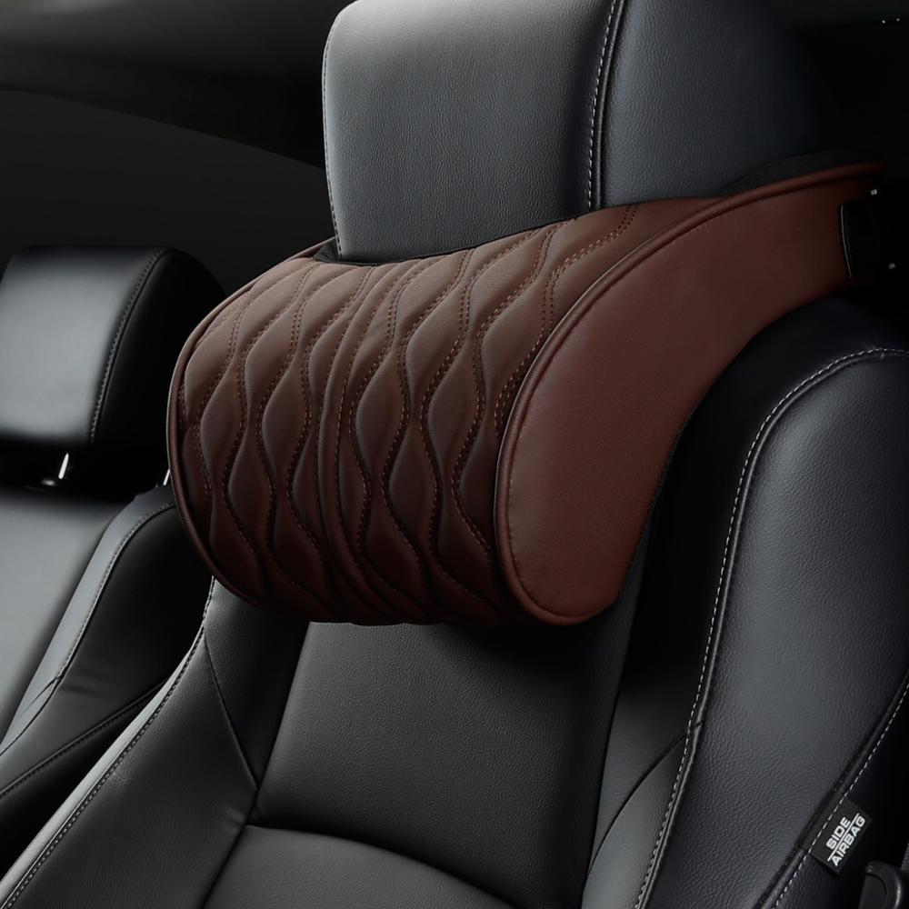 Memory Foam Auto Hoofdsteun Kussen Lederen Geborduurde Seat Ondersteunt Sets Rugkussen Aanpassing Auto Neksteun Lumbale Kussens: Coffee headrest