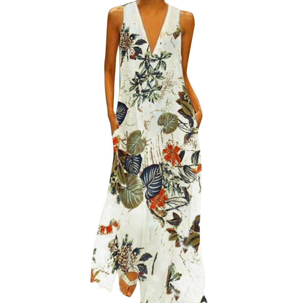 Bohemian Women's Casual Sundresses Sleeveless Sexy V-neck Flower Printing Tank Dress Women Clothes Festival Clothing