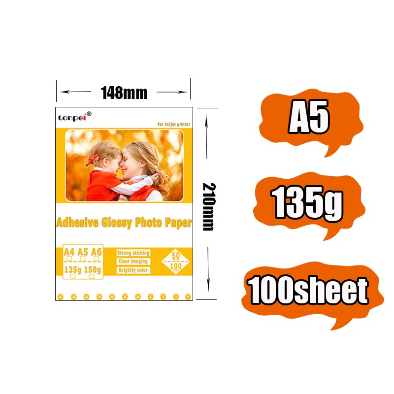 A4 50sheets A5 A6 100sheets 135g 150g high Glossy Self Adhesive Inkjet Printing with back glue sticker photo paper: A5 135g 50sheets