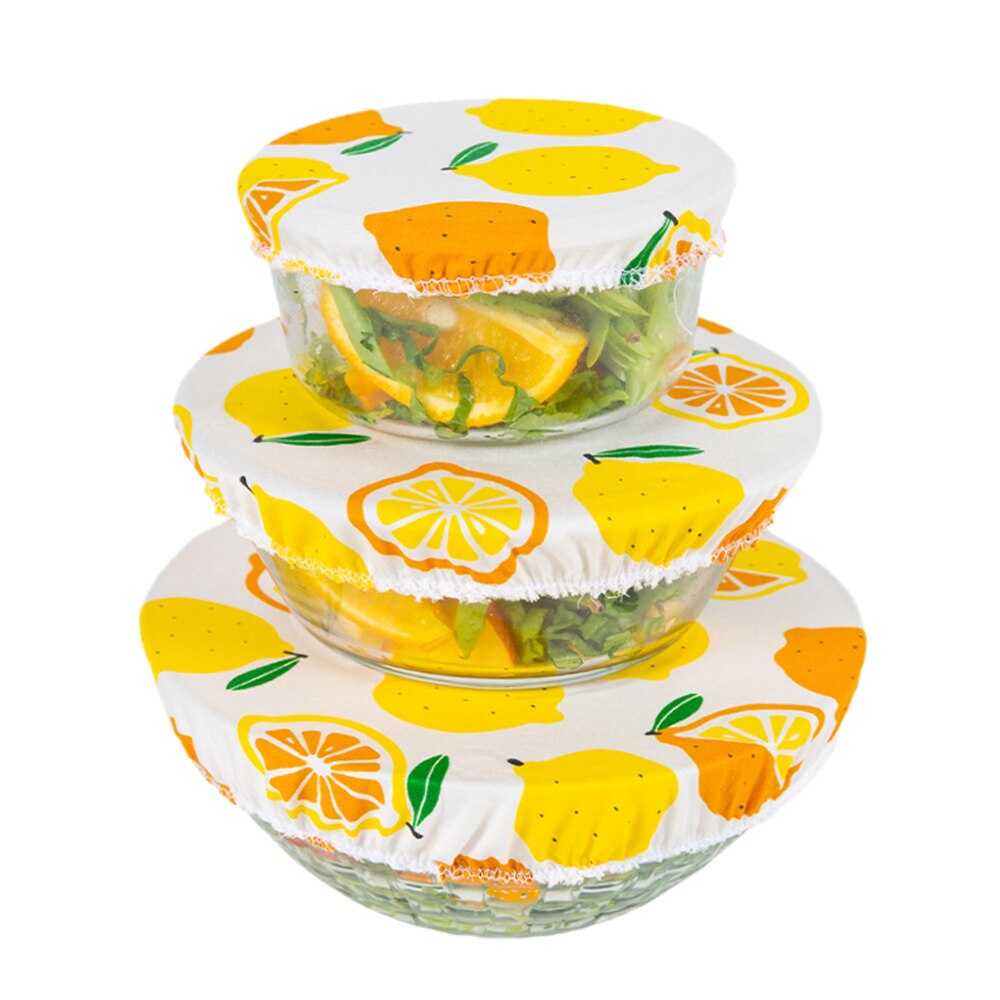 3 Pcs Wasbare Stofkap Herbruikbare Katoenen Kom Cover Servies Kom Opbergtas Vers Houden Doek Picknick Voedsel-behoud: Lemon