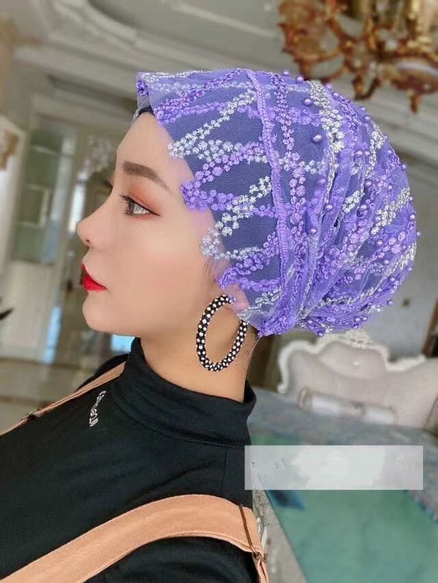 Gorra árabe con cuentas y rayas cruzadas para mujer, accesorios para la cabeza para niñas, gorro informal de Dubái de Color caramelo, turbante: Morado
