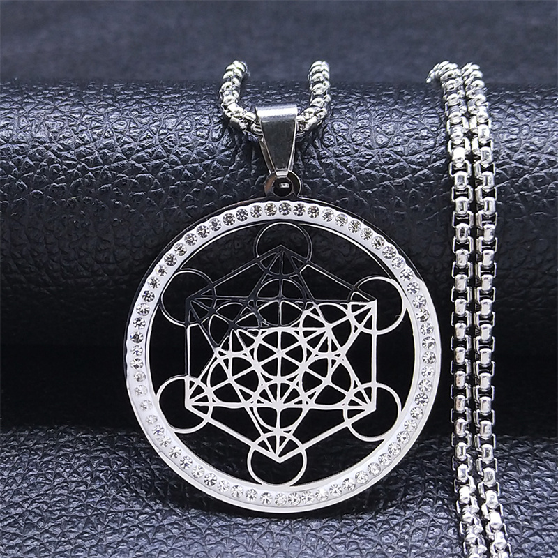 Blume des Lebens Edelstahl Kristall Anhänger Halskette Metatron Heilige Geometrie Symbol Halskette Schmuck Schmuckstück femme N4833S02: Stahl farbe