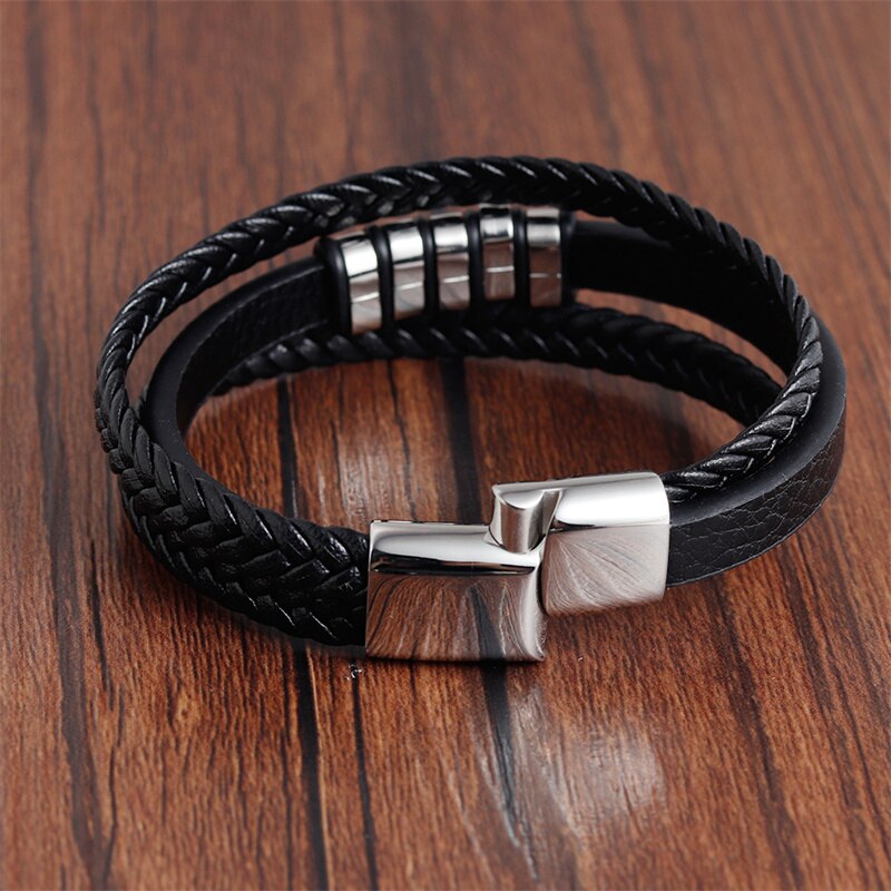 Leather Bracelet Men Multilayer Stainless Steel Handmade Braided Leather Bracelet For Men Jewelry
