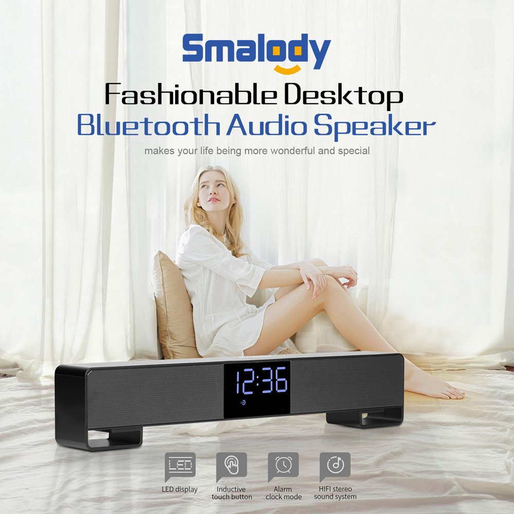 Smalody Bluetooth Speaker Portable Wireless Mini Sound Bar Dual Loudspeakers 10W with Alarm-clock LED Display Handsfree Call AUX