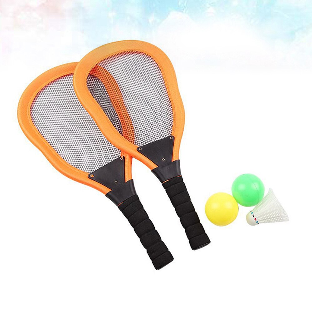 5Pcs Sport Speelgoed Kinderen Doek Art Tennisracket Badminton Strand Racket Kids Outdoor Benodigdheden (Rood 2 Stuks racket + 1Pc Badminton: Orange