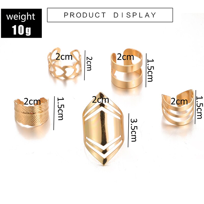 Docona 5 teile/satz Trendy Bague Punk Gemeinsame Kreis Mid-Finger-Ringe Set für Frauen Einstellbare Gold Hohl Partei Ring 2707