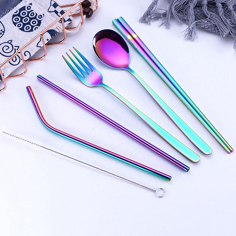 Botique-Rvs Creatieve Titanium-Plated Milieuvriendelijke Draagbare Servies 304 Roestvrij Stalen Lepel Eetstokjes Se