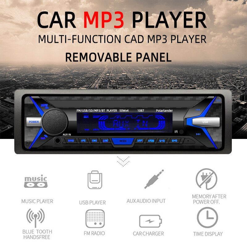 Aux tf usb bilradio fm  mp3 spiller 1 din audio bluetooth fjernbetjening stereo køretøj bil aftageligt panel rds 1087 rds