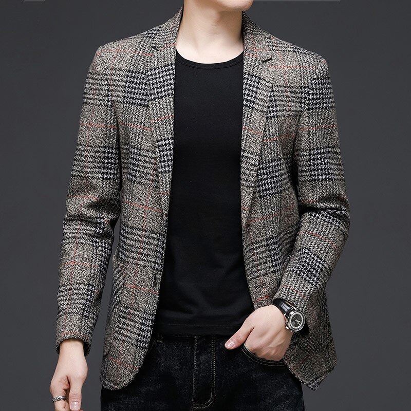 Top Grade Style Classic Brand Casual Slim Fit Men Suits Tweed Jacket Business Plaid Blazer Coats Mens Clothes: XXL