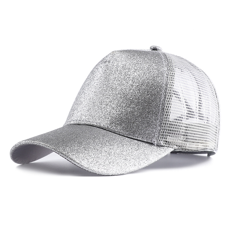Gorra de béisbol con cola de caballo alta y purpurina para mujer, gorra Snapback informal de malla negra, blanca y rosa, Gorras de camionero para mujer 2023