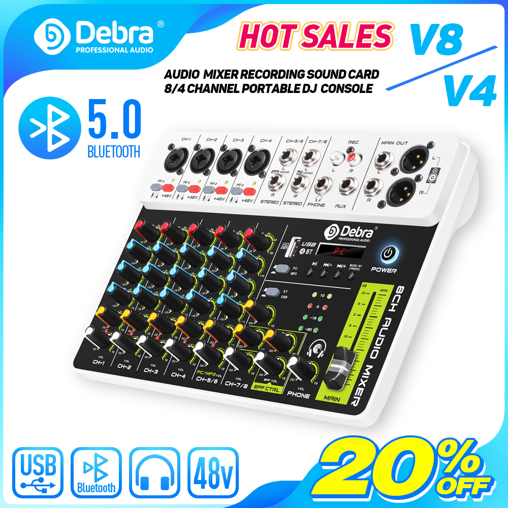 Debra V8 8 Kanäle Audio Mixer mit Bluetooth USB 48V Phantom Power Verzögerung Wiederholung Effekt für Sound Mischpult PC Aufnahme