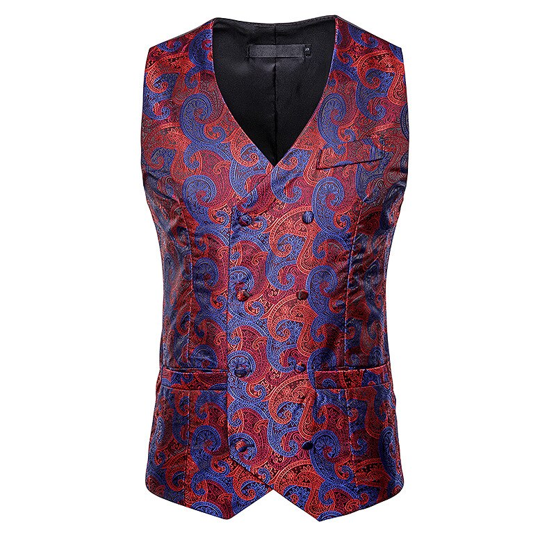 Mærke slim fit dobbeltradet jakkesæt vest mænd gilet paisley vest vest mænd business bryllup banket kjole veste: Rød / Xxl
