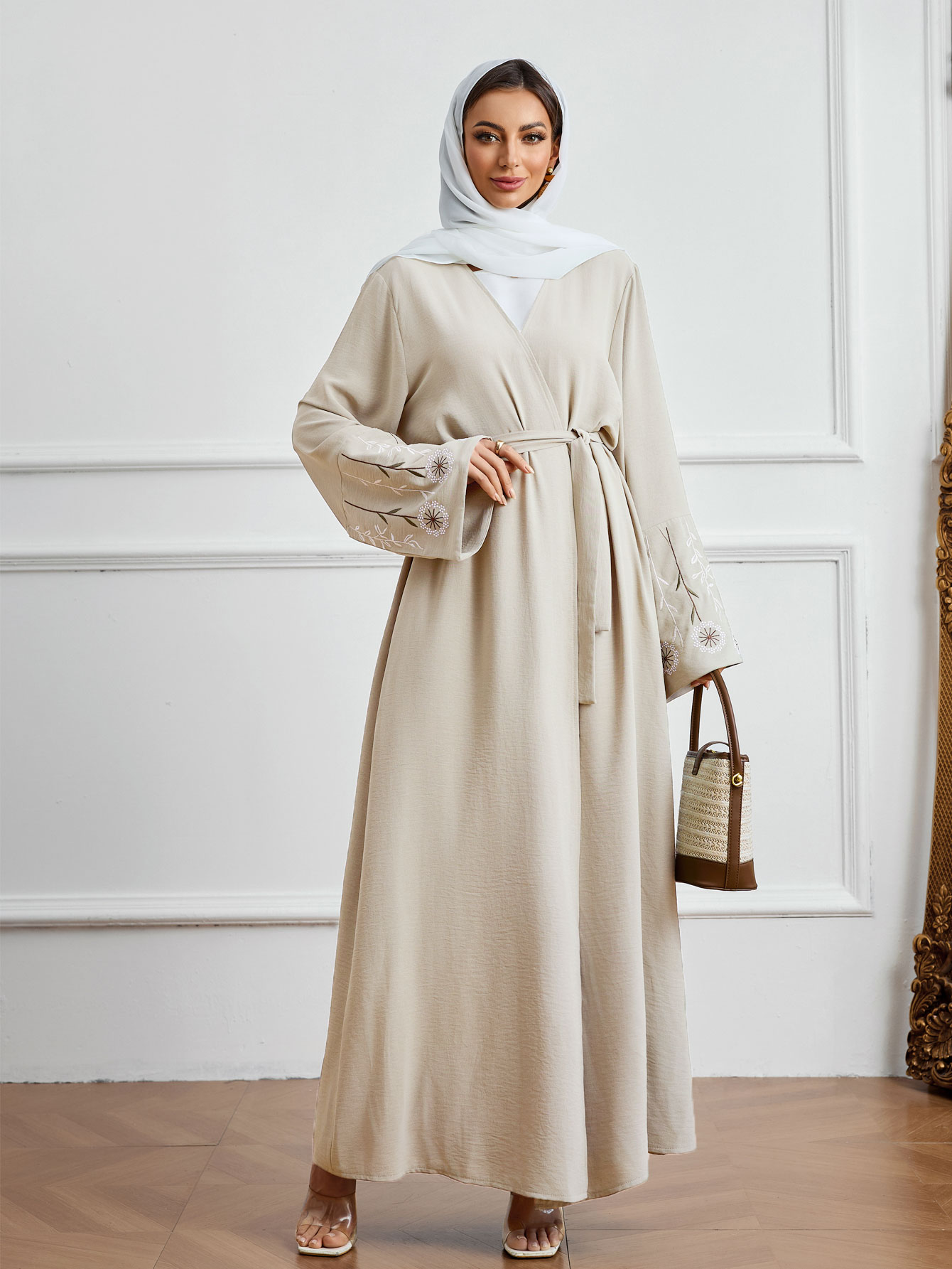 2025 Abaya vestido largo musulmán Ramadán ropa de oración bordado albaricoque suelto manga larga cintura atada vestido árabe