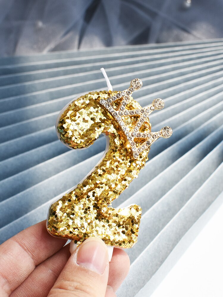 Yellow Pink Candle Sequins Shiny Crown Number 0-9 Cake Topper Insert For Girl Birthday Party Dessert Table Wedding Day