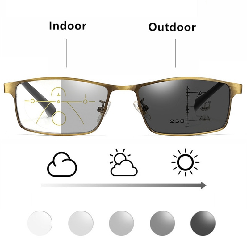Metallramme progressive multifokale lesebriller herre anti-blå fotokromisk cr -39 resin presbyopiske briller gylne