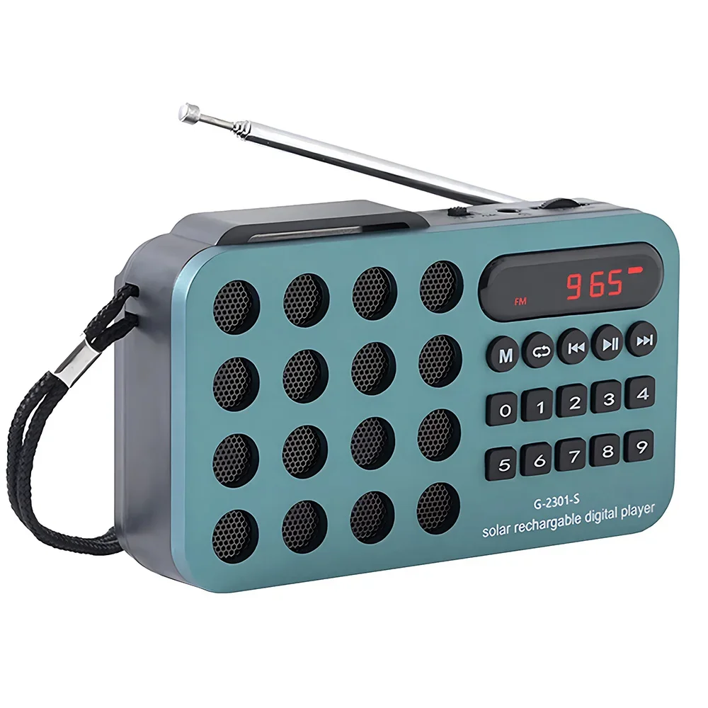 Portable handheld mini FM radio, solar powered charging wireless speaker USB support TF card Bluetooth FM radio receiver: Blue