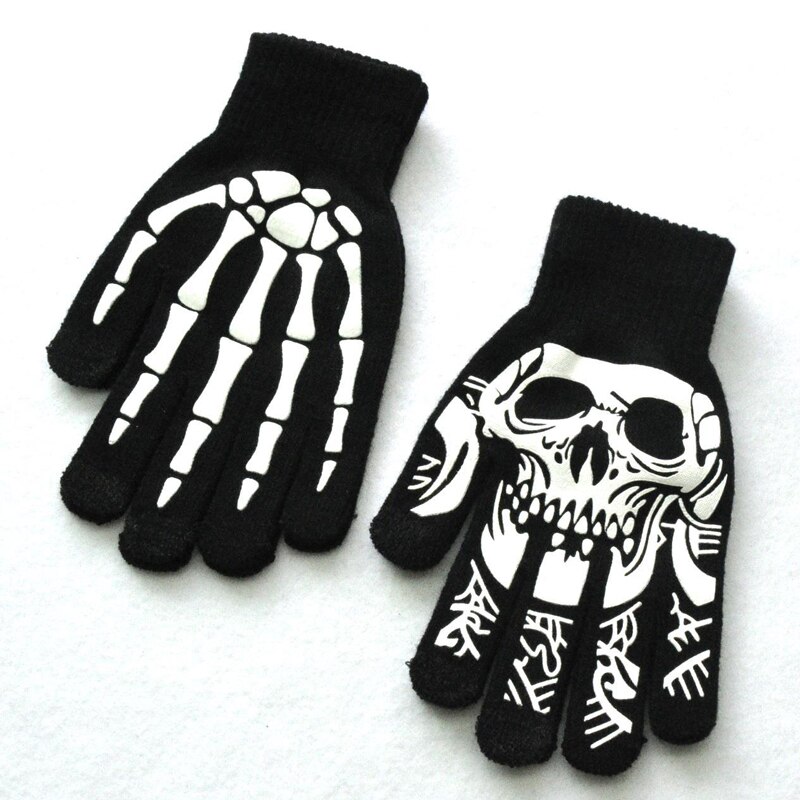 Balleenshiny fluorescerande skeletthandskar för barn pojkar flickor vantar dödskalle handskar varma vintertryck stickning självlysande handskar