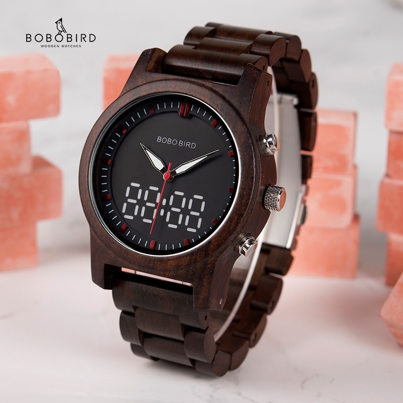 Bobo Vogel Heren Horloge Digitale Hout Quartz Horloge Dual Display Houten Horloges Top C-dR02