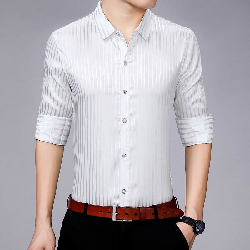 Chemise à manches longues pour homme, streetwear, décontracté, à rayures, slim, coupe régulière, à la , , 90309: WHITE / L