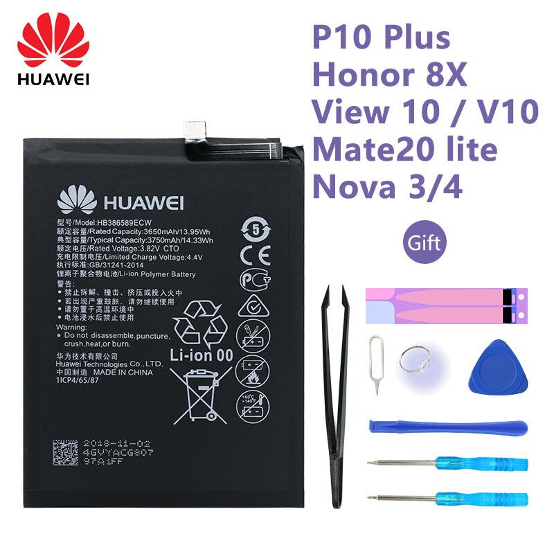 Original huawei bateria para huawei p10 plus honra 8x vista 10 v10 companheiro 20 lite nova 3 4 3650mah hb386589ecw alta qualidade