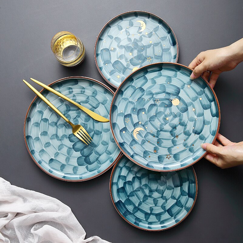 Hand Painted Starry Night Plate Eco-Friendly Ceramic Underglaze Steak Plate Dessert Tray Dinner Plates