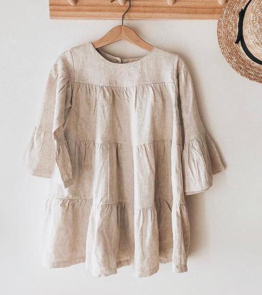 Vestido de lino y algodón liso para niña, Vestido de manga larga, de princesa, vestidos largos hasta la rodilla, primavera: 6 años