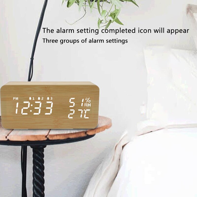 Reloj LED de madera con alarma de temperatura y humedad, reloj de mesa con Control de voz, relojes electrónicos de madera para escritorio, Decoración de mesa