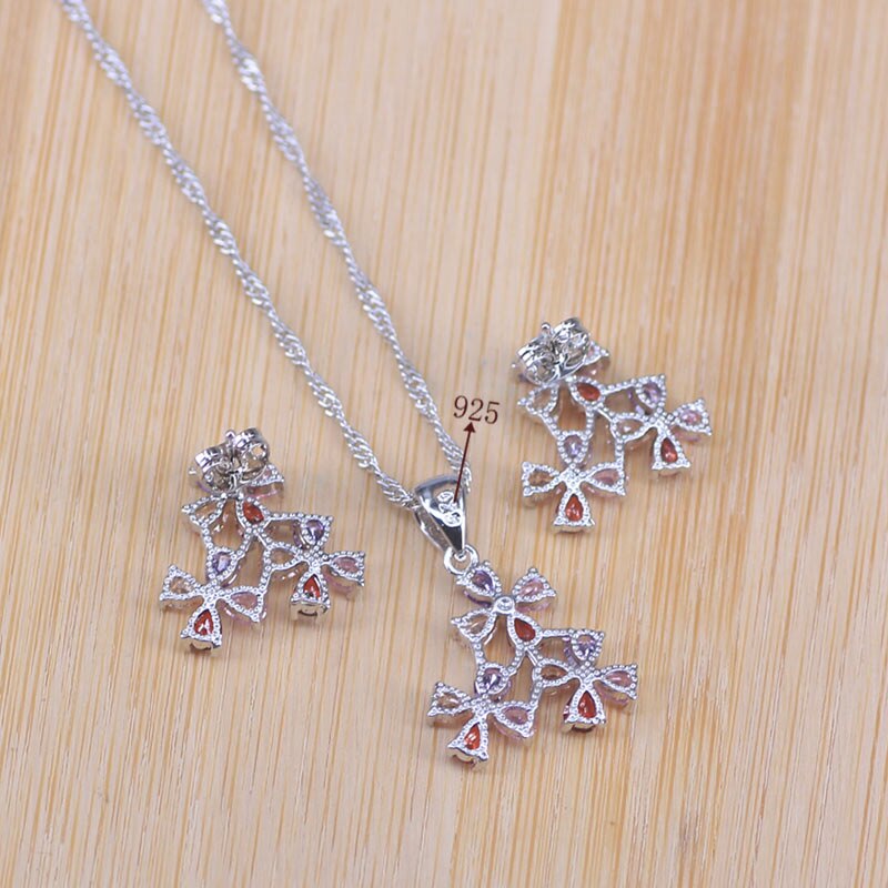 Crystal Paved Bridal Jewelry Sets Silver Color Flower Shape Pendant Necklace Earrings Women Wedding Jewelry Set