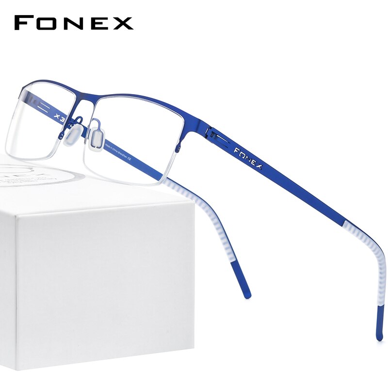 FONEX Alloy Glasses Frame Men Square Myopia Prescription Optical Eyeglasses Metal Half Korean Screwless Eyewear 992: Blue