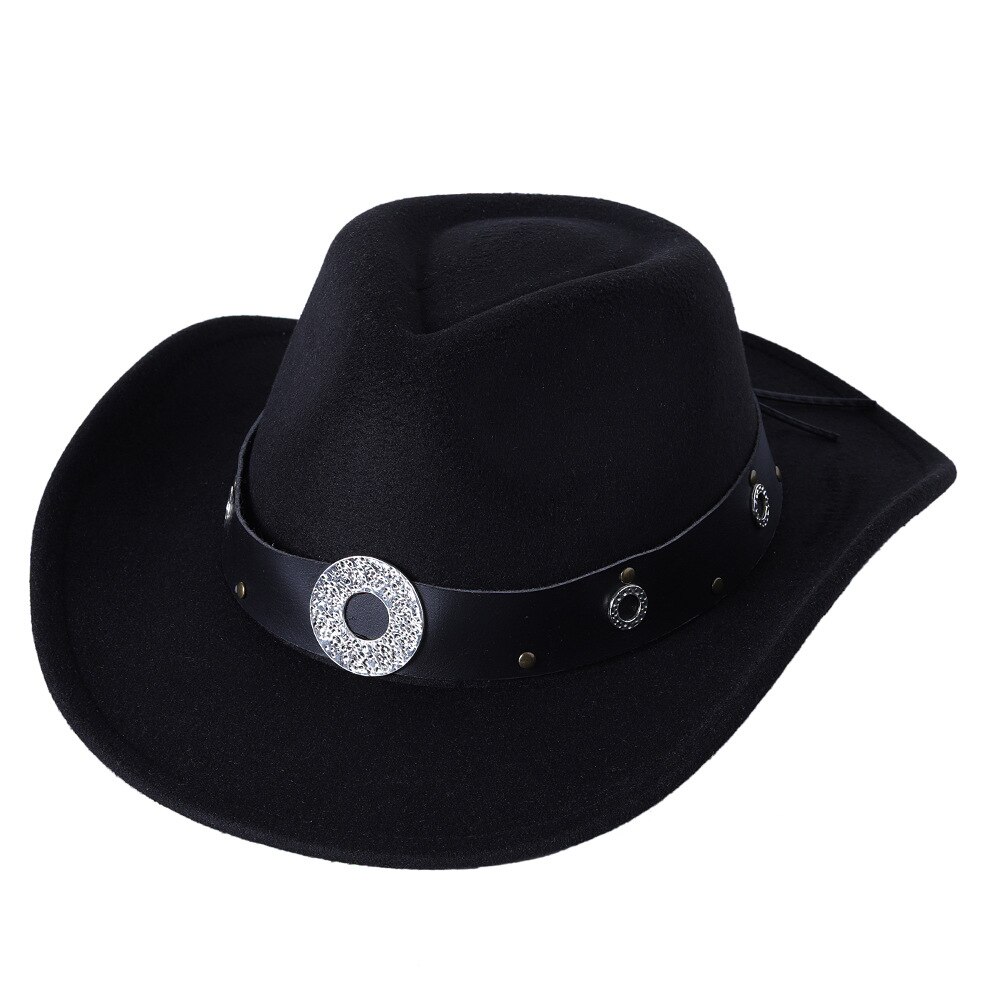 Sombrero de ala ancha con cinturón para hombre y mujer, gorro cálido de Jazz, Color sólido, para invierno y otoño: Negro