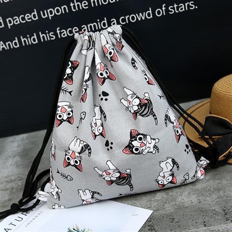 Style Student Shoulder Storage Bag Women Men Drawstring Travel Beach Backpack Leaf Bag Toys Shoes Clothes Organizer: Gray Cheese Cat