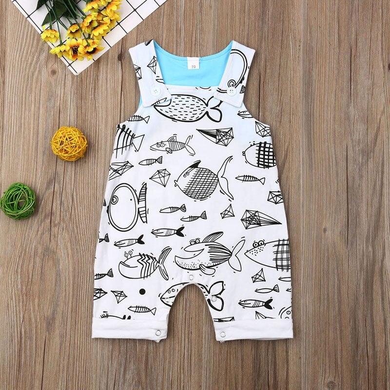 Focusnorm Newborn Infant Baby Boys Girls Romper Cartoon Print Fish Sleeveless Romper 1PC Outfit Clothes