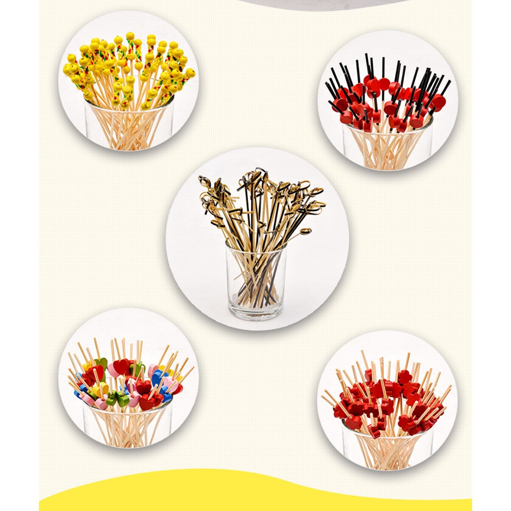 100pc bambu pick buffé frukt gaffel fest dessert stick cocktail spett hjärta blomma bambu pick buffé cupcake frukt gaffel fest