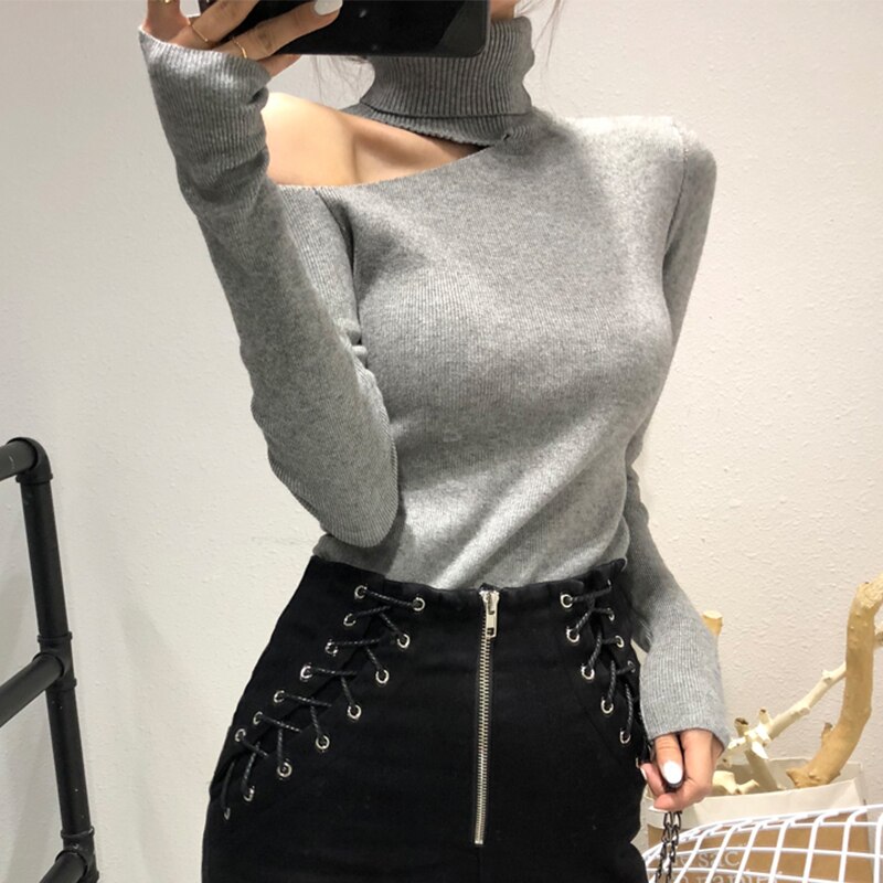 Sexet striktrøje off shoulder sweater sweater til kvinder langærmet rullekrave dame sweater hvid tøj vintage sweater
