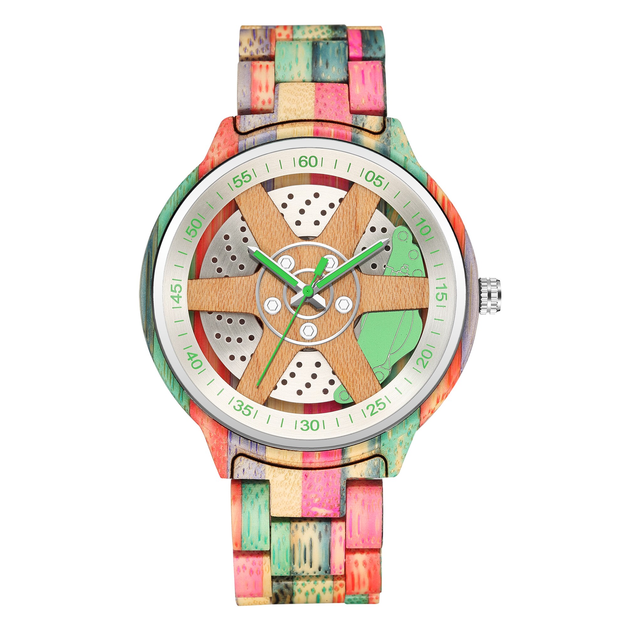 Heren Horloge Unieke Wiel Hub Precieze Schaal Rode Houten Horloge Verstelbare Houten Band Horloge Quartz Polshorloge Relojes Hombre: colorful wood