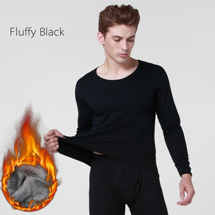 Vinter 2- delt herre undertøjssæt plus size tyk bomuld fluffy plys termisk lange johns herre todelt sæt langærmet hjemmetøj: Sort / Xl