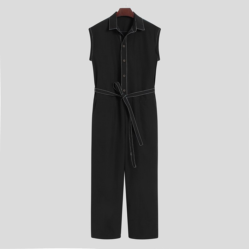 Mono sin mangas para hombre, ropa de calle firme, pantalones con botón de solapa con cinturón, monos para correr, informal para hombre,: 5 XL
