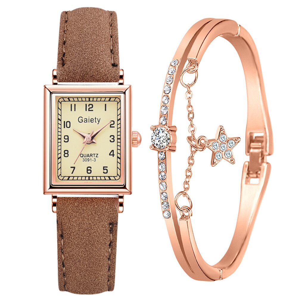 2PCS /Set Women Leather Belt Dress Quartz Clock Square Dial Sport Casual Bracelet Ladies Wrist Watch Relogio Reloj Mujer: Coffee Set