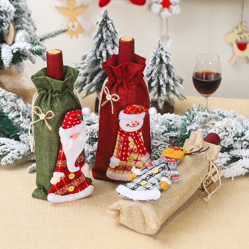 Jul vin flaska täcka väska tomte tecknad kjol docka säckväv vin flaska täcka jultillbehör