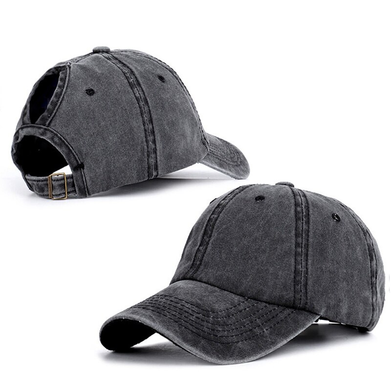 Baseball Cap Ponytail Hat Headwear Outdoor Sports Wear With Adjustable Back Closure Solid Color Washed Cotton