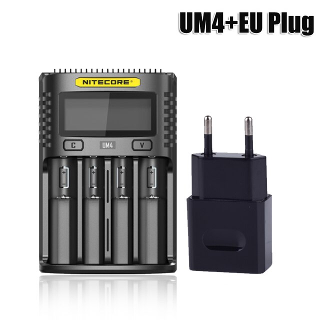 NITECORE UMS4 Batterie ladegerät QC Schnelle Ladung 4A mit 4 Slots Ausgang LCD Display Für 18650 14500 16340 26650 21700 AA AAA Batterie: UM4 and EU Plug