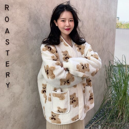 Gagarich-Chaquetas de estilo coreano Ins para otoño e invierno, Impresión de caricatura de oso, cuello en V, Chaqueta de punto cálida de un solo pecho, abrigo corto: beige