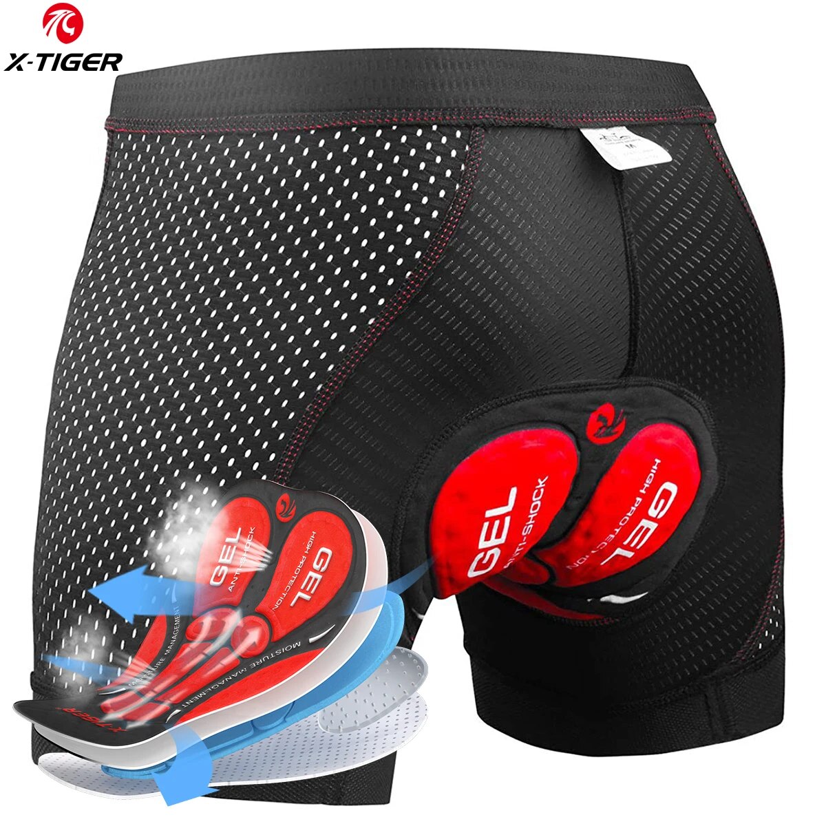 Ropa interior de Ciclismo de X-TIGER para hombre, pantalones cortos con almohadilla de Gel transpirable 5D, antideslizantes, empuñaduras de piernas: XXXL / Rojo