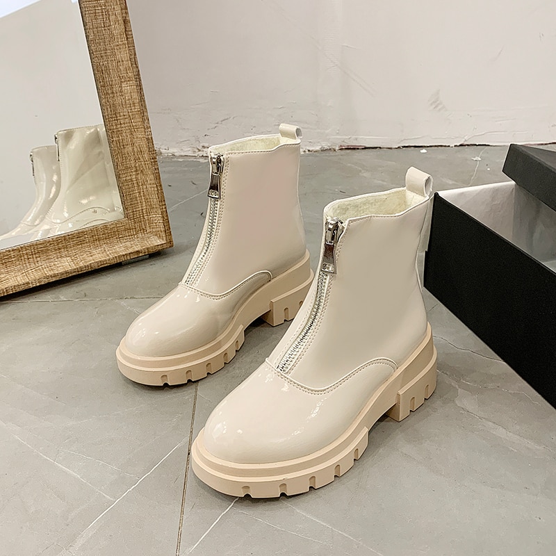 Herfstlaarzen dames witte glanzende leren gothic schoenen enkellaarsjes dames winter rits platform zwarte laarzen warme pluche sneeuwlaarzen