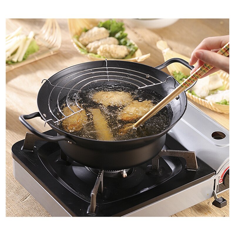 Easy Pour Non Stick Coating Tempura Fryer Pot with Oil Drip Drainer Rack Made in Japan Mini Deep Fry Pan